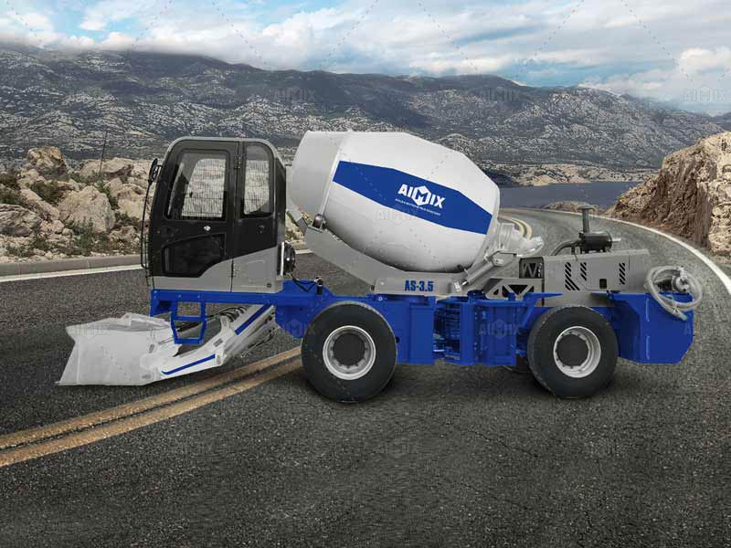 Self-loading concrete mixers truck for road construction